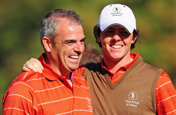 Paul McGinley, left, with a young Rory McIlroy during the 2009 Seve Trophy in Paris. (Stuart Franklin/Getty Images)