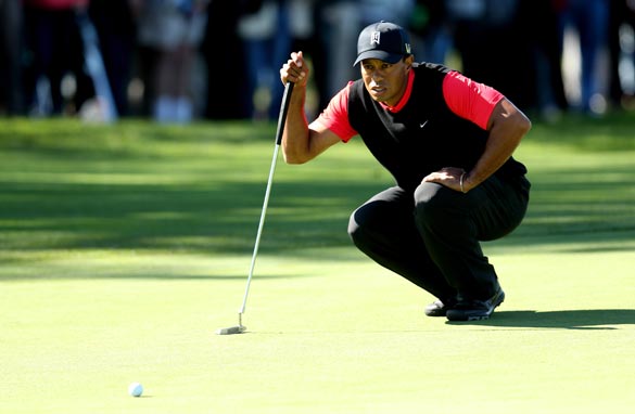 Woods prepares to putt at Farmers Insurance Open. (Getty Images).