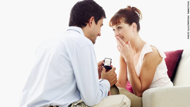 A man traditionally offers an engagement ring along with his love when 