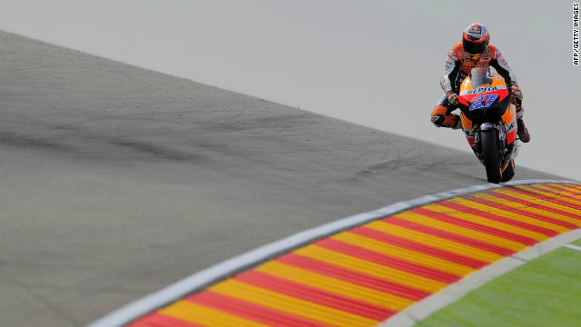 World Championship leader Casey Stoner on his way to pole position at the Aragon MotoGP