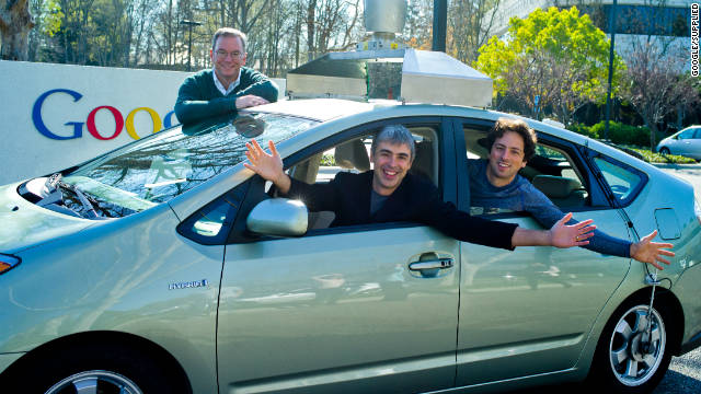 Google's Eric Schmidt, Larry Page and Sergey Brin in a self-driving car on January 20, 2011