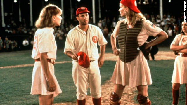 "There's no crying in baseball," Tom Hanks, center, famously said as manager Jimmy Dugan in 1992's "A League of Their Own." The World War II-set baseball dramedy, also starring Geena Davis, right, follows the rise of the All-American Girls Professional Baseball League.