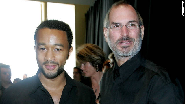 Musician John Legend hangs with Jobs during an Apple media event September 12, 2006 in San Francisco. 