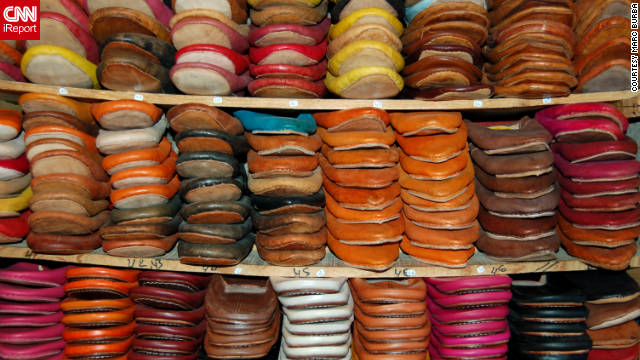 Marc Burba snapped a shot of shoes for sale in a leather shop. Leather tanneries are a common sight throughout Morocco.