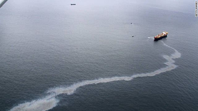 An oil slick is seen coming from the Rena, on October 9. Authorities are preparing for the worst environmental disaster in New Zealand history should the vessel break up and spill 1,700 tonnes of fuel into the Bay of Plenty.