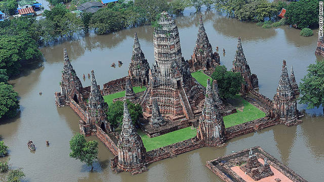 An aerial picture shows a flooded temple in the ancient Thai capital of Ayutthaya on October 11, 2011. 