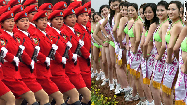 On the left, women in Beijing's civilian militia wear red mini-skirts and carry submachine guns in 1999; on the right, Contestants pose during a bikini photo call for the Miss Chongqing China Universe Pageant in 2007.