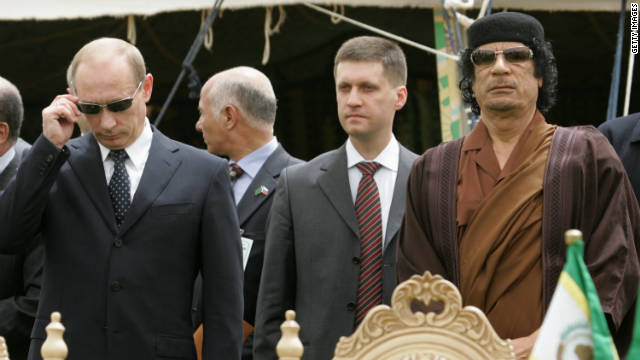 Russian President Vladimir Putin and Gadhafi sign an agreement between Russia and Libya on April 17, 2008, in Tripoli.