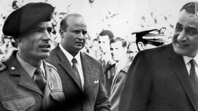 Moammar Gadhafi, left, arrives for an Arab Summit Conference in Rabat, Morocco, with Egyptian President Gamal Abdul Nasser in December 1969, months after taking control of Libya in a bloodless coup.