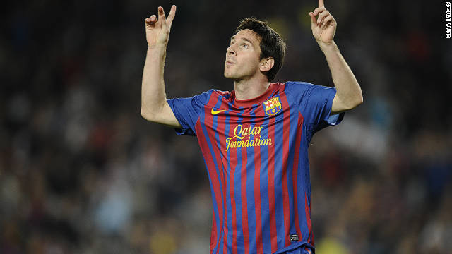 Lionel Messi celebrates scoring the opening goal in Barcelona's 5-0 defeat of Mallorca