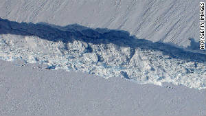 The crack that produced the iceberg is seen in October 2011.