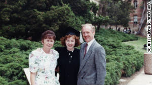 Lisa O\'Neill Hill poses with her parents Moyra and Mike O\'Neill at her graduation from UCLA in 1990.