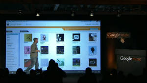 Google executives announce the Google Music store and locker at a news conference in Los Angeles.