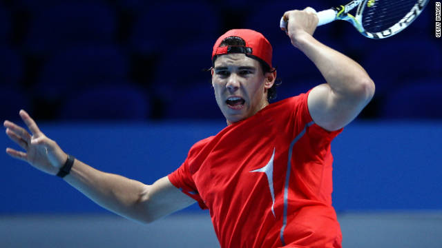 Rafael Nadal practices at London's O2 Arena ahead of his opening match on Sunday.