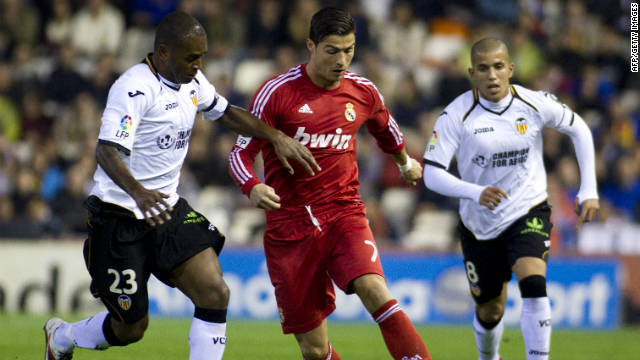 Cristiano Ronaldo, center, scored the decisive third goal for Real Madrid at the Mestalla on Saturday.