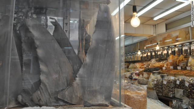 Shark fins are displayed at a dried sea food store on Hong Kong's Dried Seafood Street. 