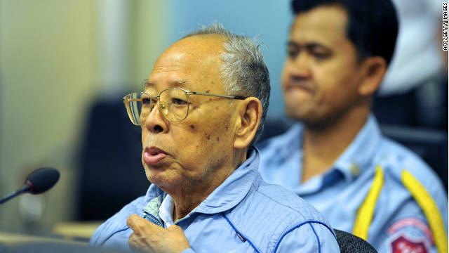 Former Khmer Rouge Deputy Prime Minister Ieng Sary died Thursday, escaping judgment for war crimes at the hands of a tribunal. He is pictured here in the Phnom Penh courtroom in 2011.