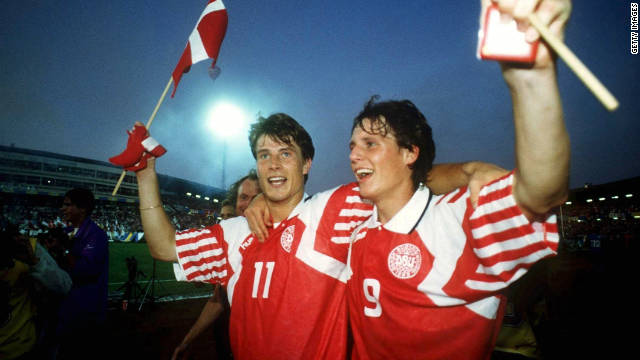 Denmark didn't qualify for the Euro 1992 finals in Sweden but war-torn Yugoslavia were prevented from appearing, meaning group runners-up Denmark took their place instead despite being totally unprepared. They failed to score in their opening two matches before beating France to scrape into the semfinals. They then proceeded to defeat holders Netherlands on penalties and world champions Germany 2-0 in the final to become the unlikeliest winners of all time.