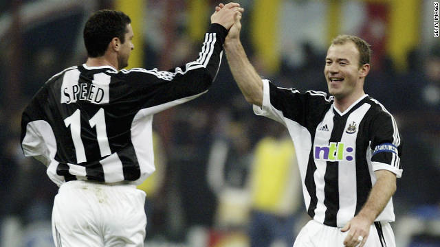 Under the late Bobby Robson, Speed played in the European Champions League for Newcastle, congratulating Alan Shearer here on his goal against Inter Milan. Shearer said he was "proud to call Gary Speed a friend."