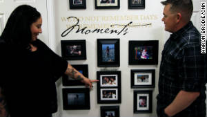 A wall of photos at their home in Fort Bliss, Texas, shows the evolution of the relationship of Raquel and Nathan Dukellis.