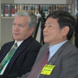 Dr. Terry Shrader, principal and Dr. Hsiang-Te Kung, director of the Confucius Institute attend the dedication of the Confucius Classroom at Hillsboro High School.