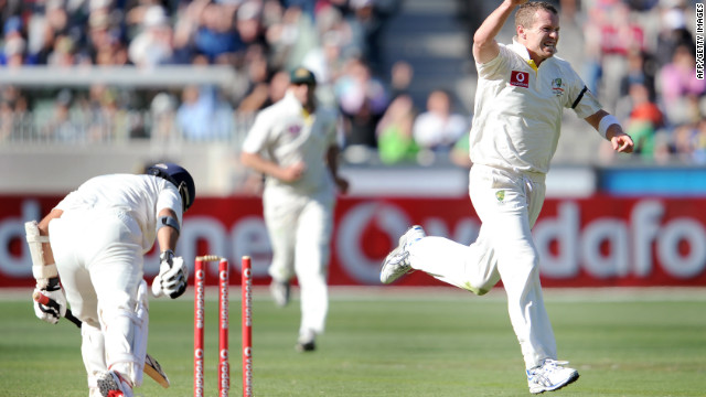 Australia paceman Peter Siddle celebrates dismissing India batsman Sachin Tendulkar at the Melbourne Cricket Ground.