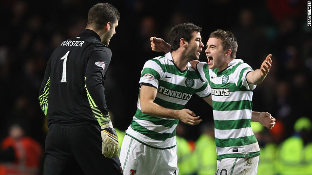 Fraser Forster, Joe Ledley and James Forrest celebrate Celtic's Old Firm win.