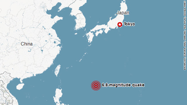 A magnitude 6.8 earthquake hit 468 kilometers (302 miles) south-southwest of Tokyo on Sunday.