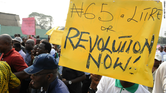 On January 3, 2012, union and civil rights activists marched in Lagos, Nigeria, to protest the removal of petrol subsidies by the government.