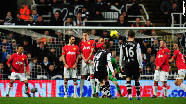 Yohan Cabaye scores Newcastle's second goal with a superb free-kick that went in off the underside of crossbar.