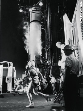 Astronaut Alan Shepard runs toward Redstone rocket in 1961.