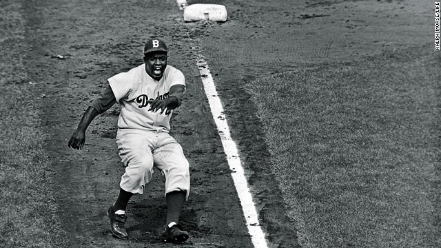 Jackie Robinson rounds third base in the 1955 World Series.