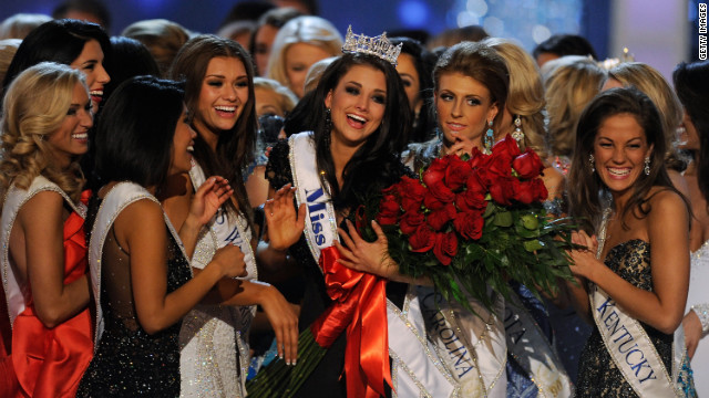 Laura Kaeppeler, Miss Wisconsin, is surrounded by fellow contestants after being crowned Miss America on Saturday.