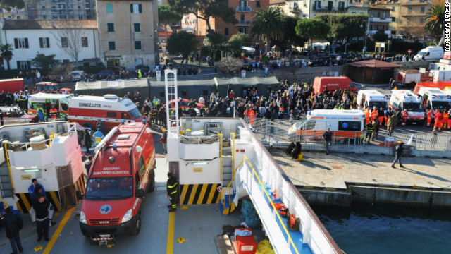 Emergency services work from the island of Giglio on Sunday, near where the cruise ship Costa Concordia ran aground.