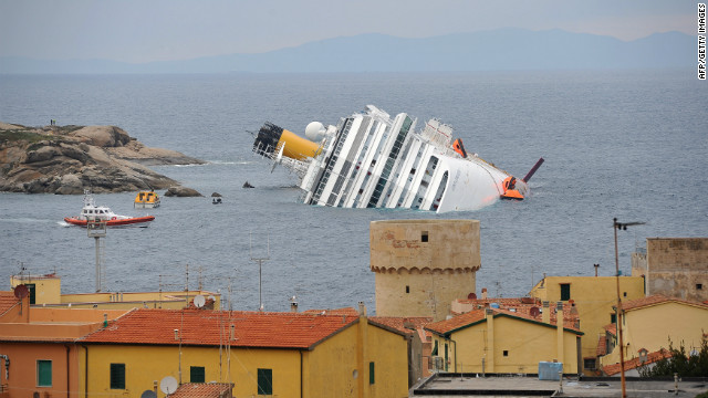 Cruise ship Costa Concordia lies stricken off the shore of the island of Giglio on January 18, 2012 in Giglio Porto, Italy.