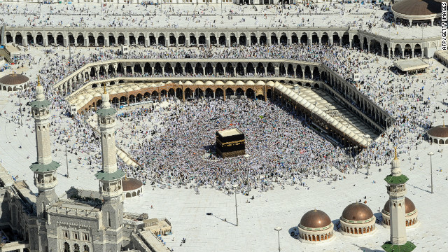 <br/>An aerial view shows Muslim pilgrims walking around the Ka'ba in the Grand Mosque of the holy city of Mecca during the annual Hajj pilgrimage rituals on November 7, 2011.