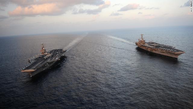 The USS Abraham Lincoln and the USS John Stennis are in the Gulf. The Lincoln moved through the Strait of Hormuz Sunday.