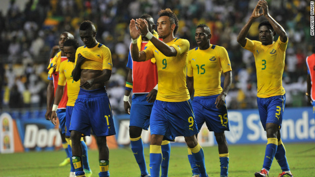 Gabon players, led by opening scorer Pierre-Emerick Aubameyang (No.9), celebrate their 2-0 victory over Niger.