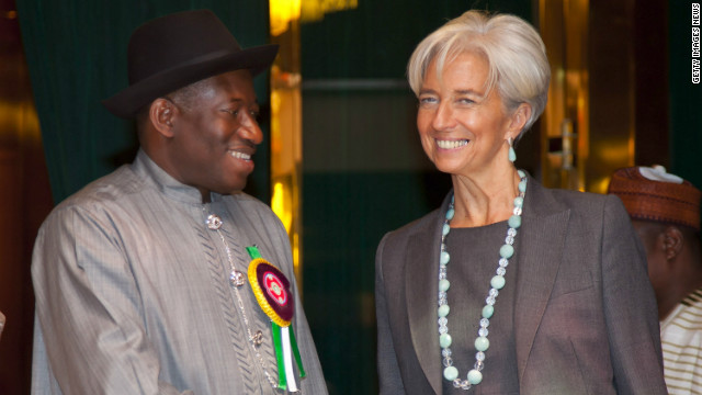 <br/>International Monetary Fund's Managing Director Christine Lagarde is greeted by President Jonathan on December 19, 2011. There is speculation her visit prompted the removal of fuel subsidy on New Year's day., which led to nationwide strikes and protests.