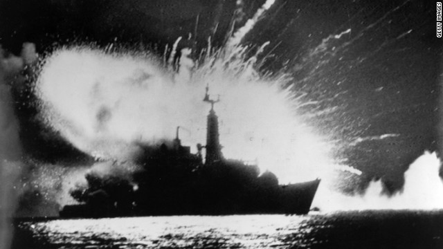 British Royal Navy frigate HMS Antelope explodes in the bay of San Carlos