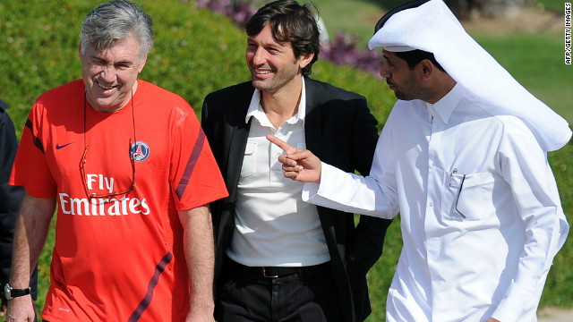 The Qataris have also been busy investing in football abroad. The Qatar Investment Authority bought a majority shareholding in French football club Paris Saint-Germain in May 2011, immediately making it one of the richest teams in Europe. Ex-Milan and Inter coach Leonardo, center, was appointed director of football, while Carlo Ancelotti (left) is now coach.