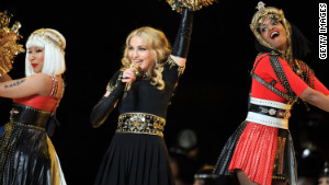 Nicki Minaj, left, Madonna and M.I.A. perform during halftime of Super Bowl XLVI.