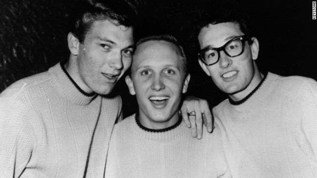 Buddy Holly, shown here in the extreme right, poses with The Crickets, Jerry Allison and Joe Mauldin in 1957.