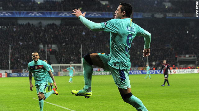 Barcelona's Alexis Sanchez celebrates after scoring during the Champions League last 16 tie against Bayer Leverkusen.