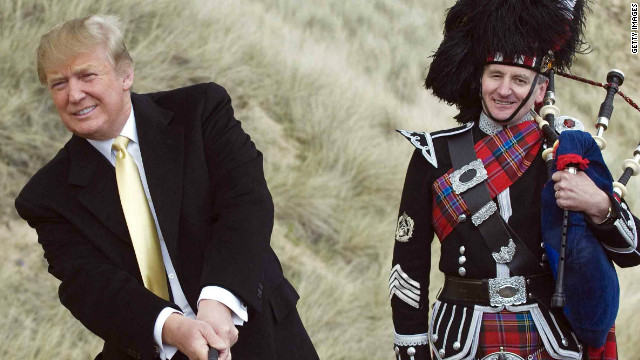 Donald Trump received a bagpipe welcome on one of his visits to the site of his championship course in Aberdeenshire.