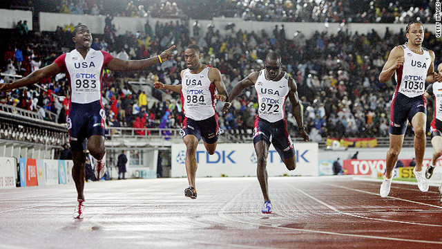 Gay's first outing at the World Championships at Helsinki's Olympic Stadium in 2005 ended without a medal. Here he can be seen (second from left) finishing fourth in the 200m final.