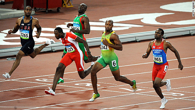 Prior to the Beijing Olympics, Gay was troubled by a hamstring injury which meant he arrived at the Games in less than perfect shape and he failed to win a medal. Here Gay (far left) finishes fifth in the 100m semifinal to miss out on the final, won by Bolt in record time.