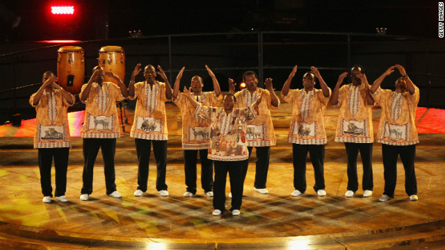 <br/>Ladysmith Black Mambazo perform during the closing ceremony of the 2010 football world cup in South Africa.