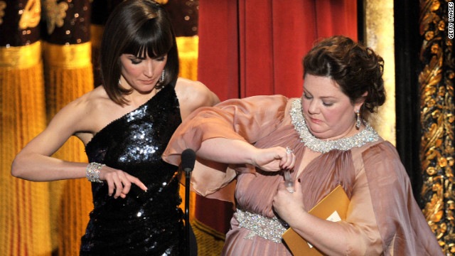 <br/>You can always count on the "Bridesmaids" cast for a good laugh. Playing off the drinking game that Kristen Wiig, Maya Rudolph and Melissa McCarthy shared at the Screen Actors Guild Awards, Rose Byrne and McCarthy had to drink from mini vodka bottles (one of which came from McCarthy's cleavage) when someone yelled "Scorsese."