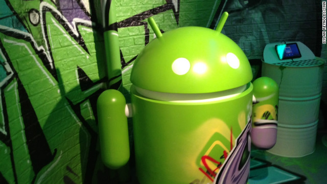 The robot symbol of the Android operating system guards a display at the Mobile World Congress in Barcelona.